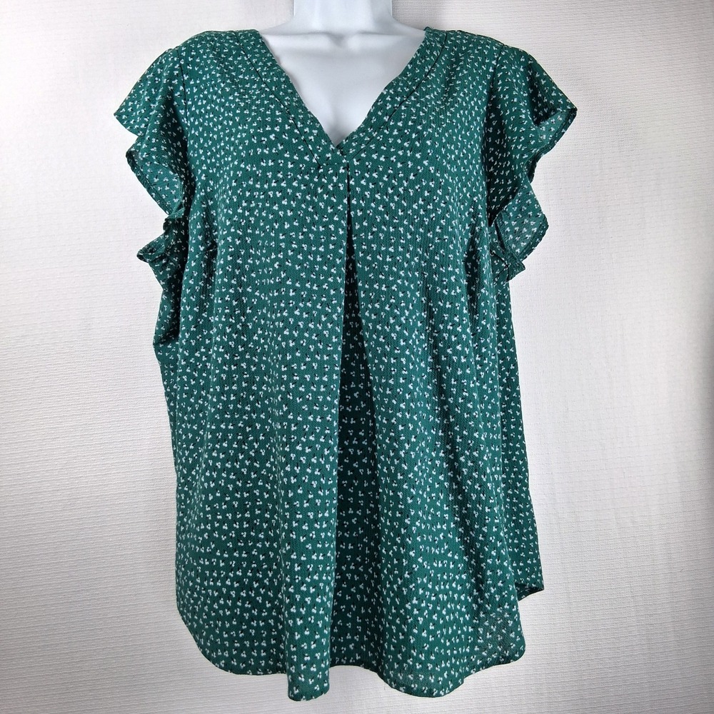 Adrianna Papell Green Floral V-Neck Flutter Sleeve Blouse 1X